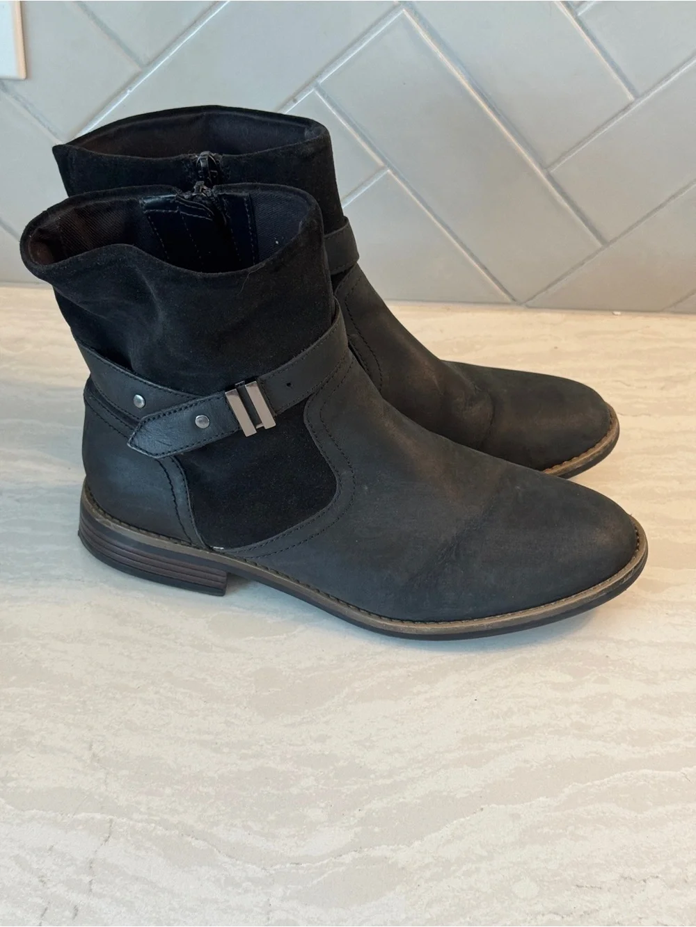 Clarks Black Leather & Suede Ankle Boots with Strap